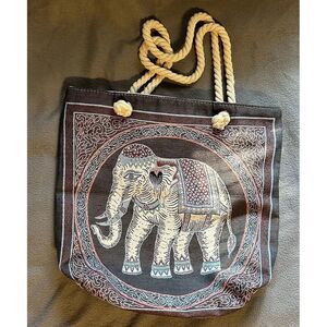 Elephant Canvas Tote Shoulder Bag Woven Embroidered Rope Handle Beach Bag Boho
